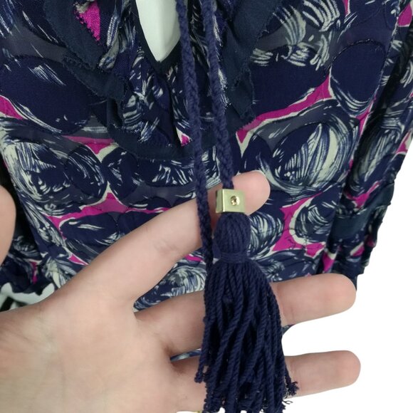 Tory Burch Silk Blend Peasant Tassel Ruffle Bell Sleeve Blouse Size 10 Shirt - Picture 4 of 15